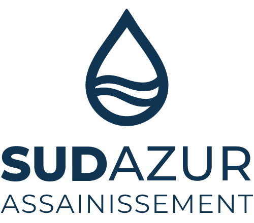 le logo de la société Sud Azur Assainissement, représentant une goutte d'eau bleu marine, avec le nom de la société en dessous