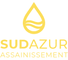 le logo de la société Sud Azur Assainissement, représentant une goutte d'eau jaune, avec le nom de la société en dessous